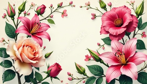 Intricate botanical print, blooming roses & lilies , print, graphics, nature