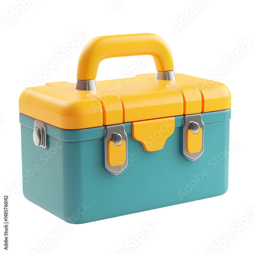Teal and yellow,  3-dimensional,  plastic storage box with handles,  and metallic accents.  A vivid,  modern design.