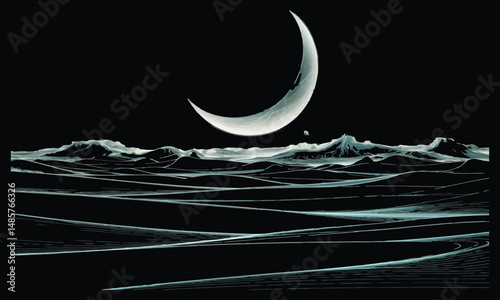 Sea and ocean marine waves with foam of breeze wind on background of Moon silhouette.