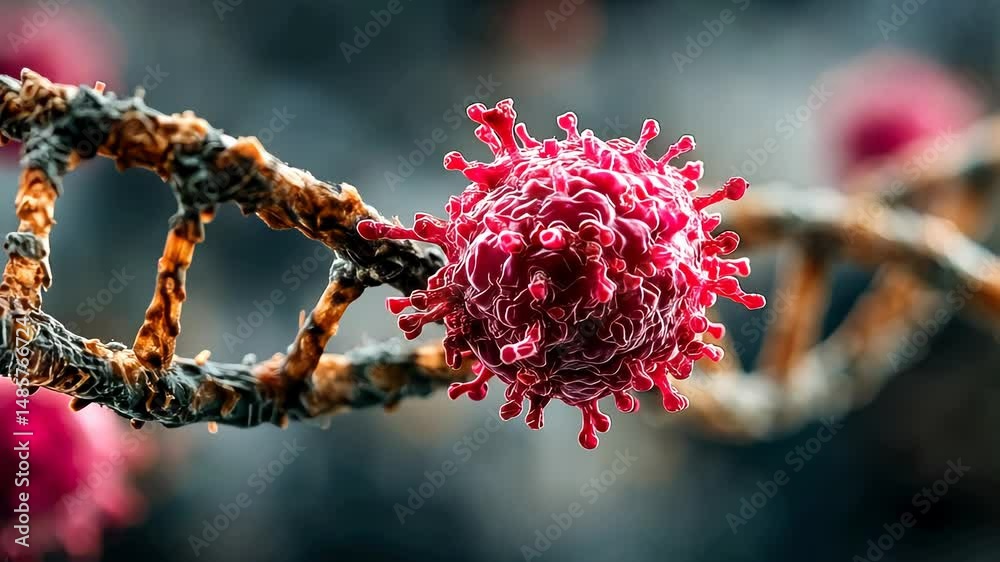 Close-up of a glowing cancer cell attached to a DNA strand, representing oncology research or medical biotechnology
