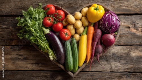 Fresh vegetables arranged in a heart shape on a wooden table, celebrating natural love and wholesome living