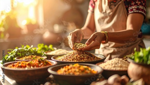 indian women Hands Preparing Spices in Bowls on Rustic Kitchen Table Setting