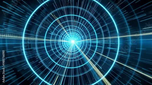 A blue digital tunnel with light beams heading toward center, symbolizing speed, data, sci-fi technology, teleport or virtual space for futuristic motion concepts