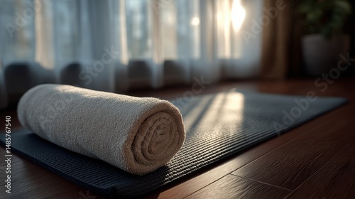 Yoga mat on hardwood floor with towel, morning light through curtains - Serene simplicity for mindful mornings