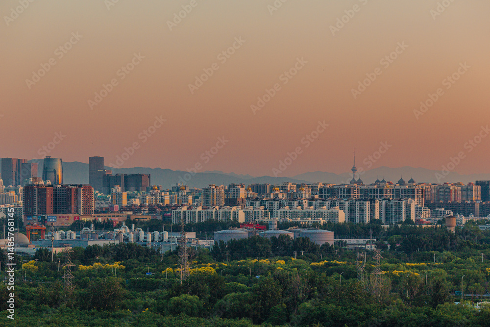 Naklejka premium A large forest in Beijing's Nanyuan District and modern urban buildings in the distance