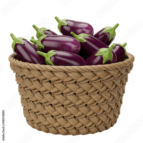 A woven basket filled with fresh, glossy eggplants against a clean white background