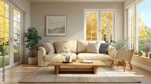 Minimalist living room with beige sofa and abstract art, bathed in soft natural light, embodying contemporary elegance and tranquility.