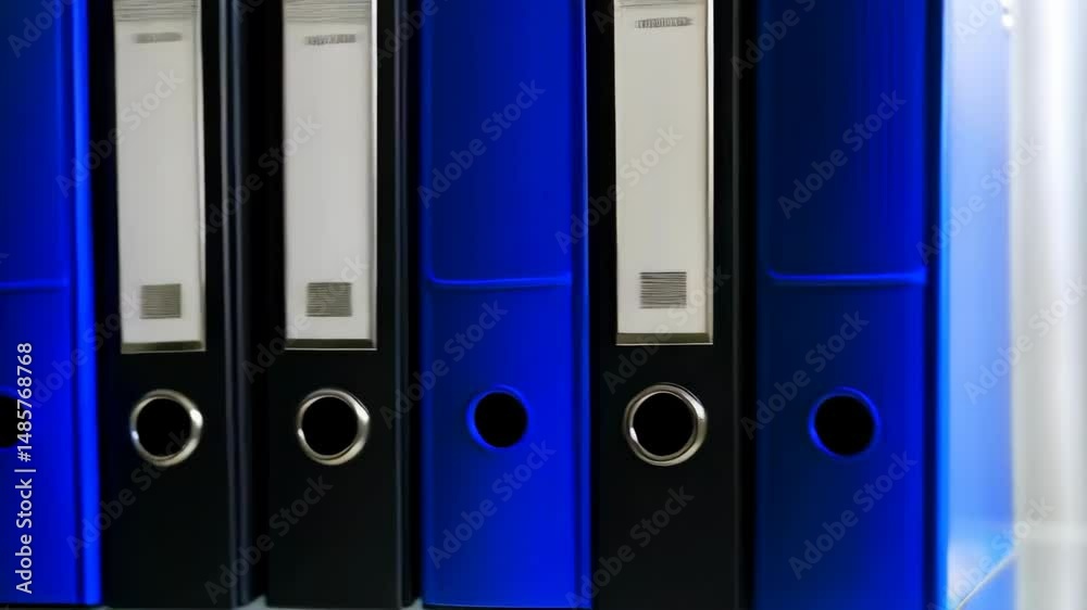 Row of black and blue lever arch files with labels standing on a reflective surface in front of grey background