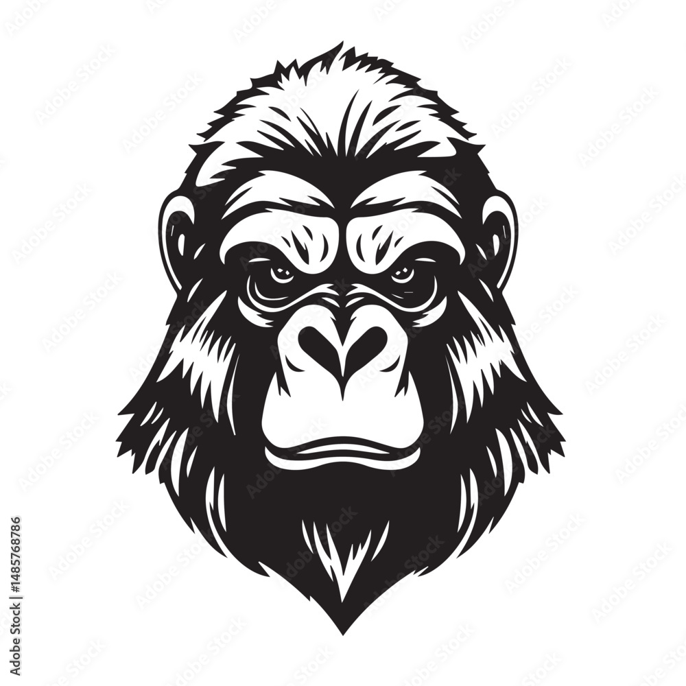 Obraz premium Gorilla head black silhouette on white background. Gorilla Face Icon. Minimal Gorilla Head Symbol. Vector illustration. 