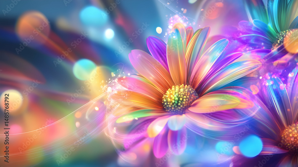 Obraz premium Two colorful gerbera daisies shine brightly with bokeh and light trails. The flowers glow