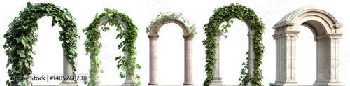 Multiple stone arches adorned with climbing plants photo