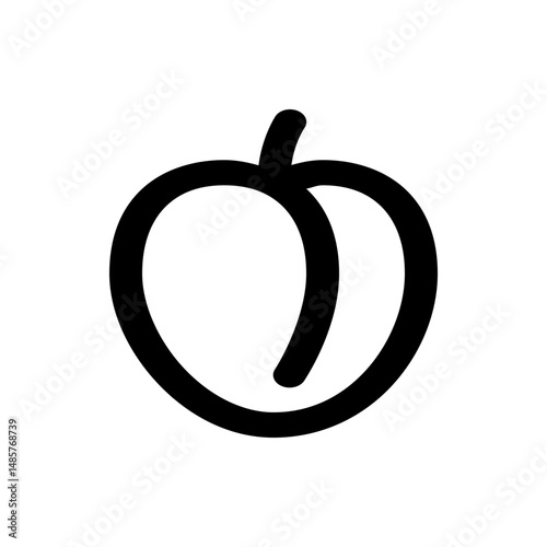 A simple black and white outline drawing of a plum fruit with a short stem on a white background image