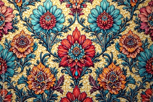 Intricate floral damask textile, repeating motif, leaf, floral, textile