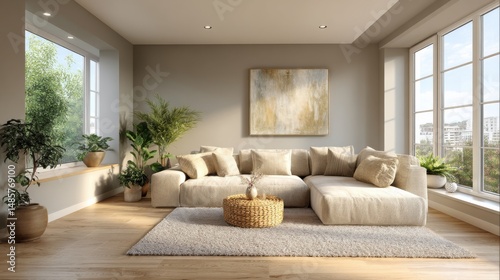 Minimalist living room with beige sofa and abstract art, bathed in soft natural light, embodying contemporary elegance and tranquility.