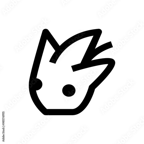 Stylized black outline of a creature head with spiky hair and two circular eyes on a white background