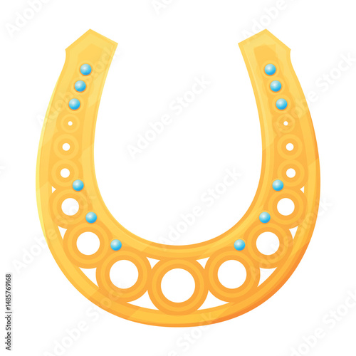 A horseshoe illustration in bright yellow, blue accents and intricate patterns, perfect for equestrian themed projects or decor.