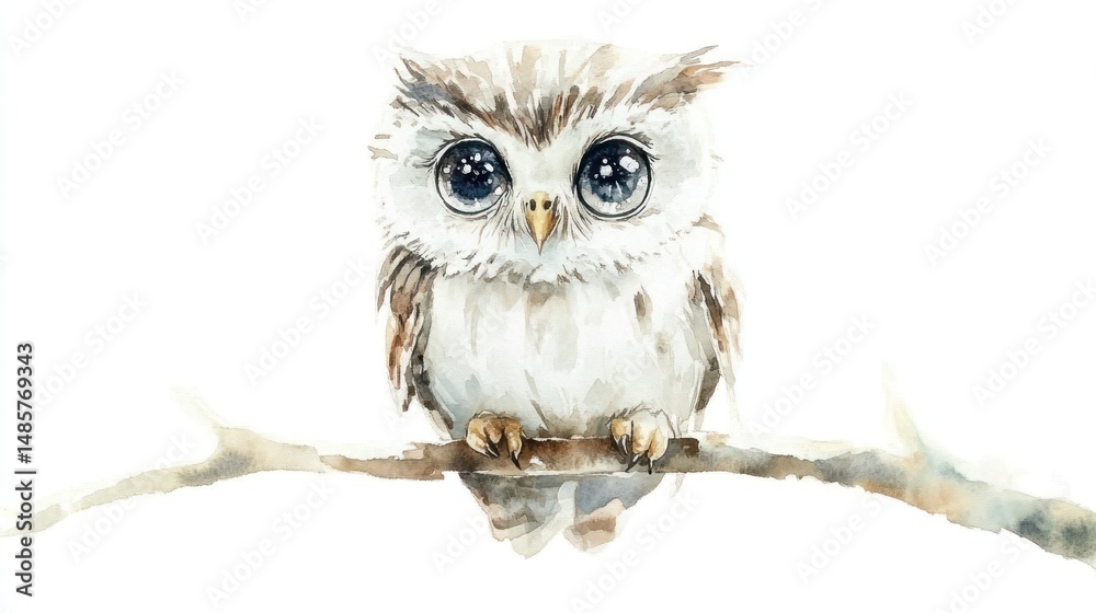 Naklejka premium Adorable Watercolor Owl on Branch: A Whimsical Watercolor Painting of a Cute Baby Owl Perched on a Delicate Branch
