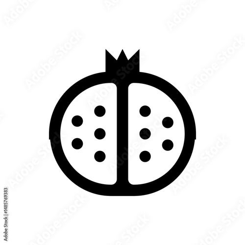 Illustration of a halved pomegranate with visible seeds and a crown on top in a minimalist black design