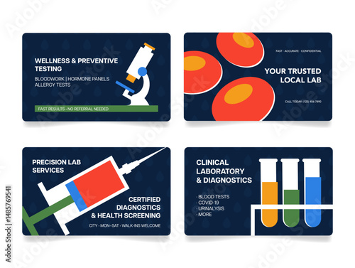 Business card templates featuring various laboratory services such as health testing and diagnostic screening.