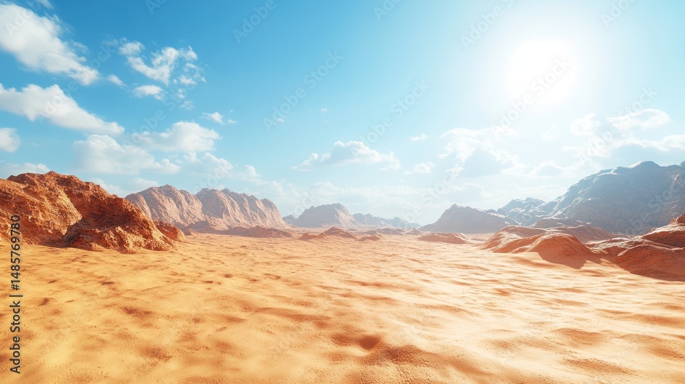 Naklejka premium Sunny desert landscape, vast horizon, mountains in the distance. Possible stock photo use showcasing a vast desert landscape
