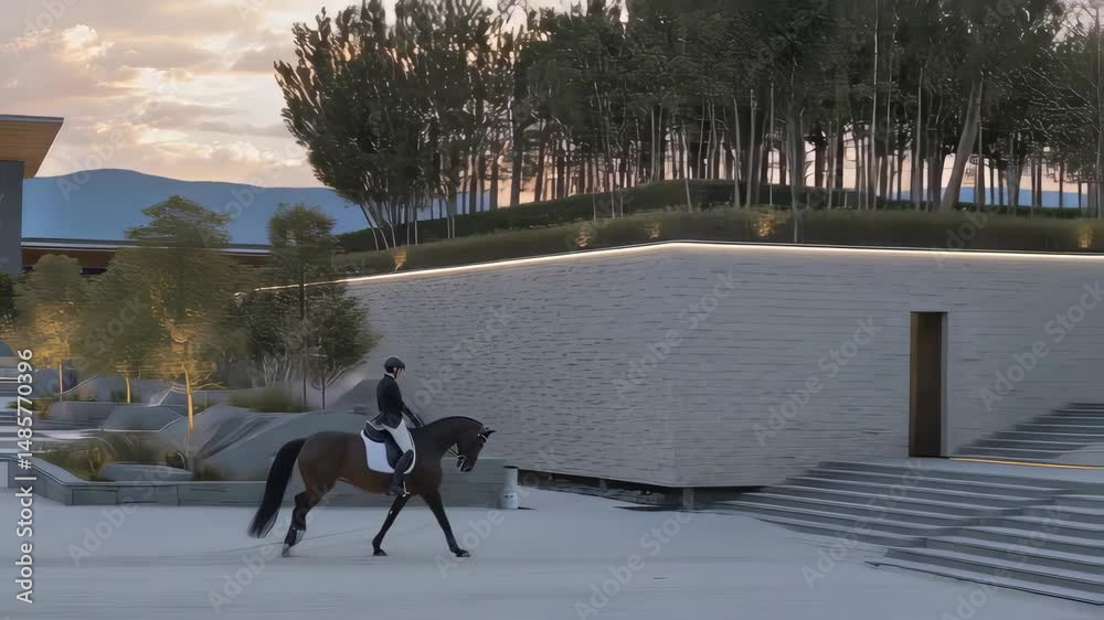 Client riding a horse in an outdoor equestrian facility