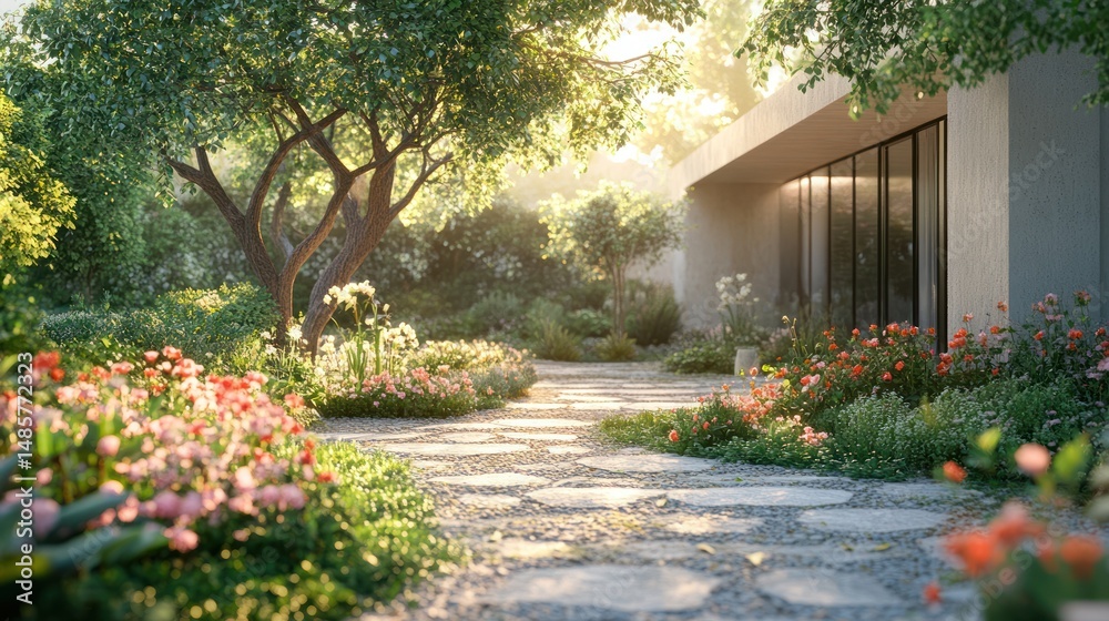 Fototapeta premium Sunny garden path modern home