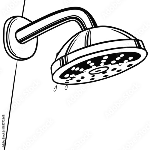 Showerhead with water droplets in simple black line art style  