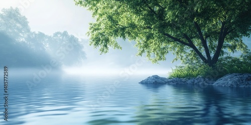 Misty lake, lush trees, tranquil scene