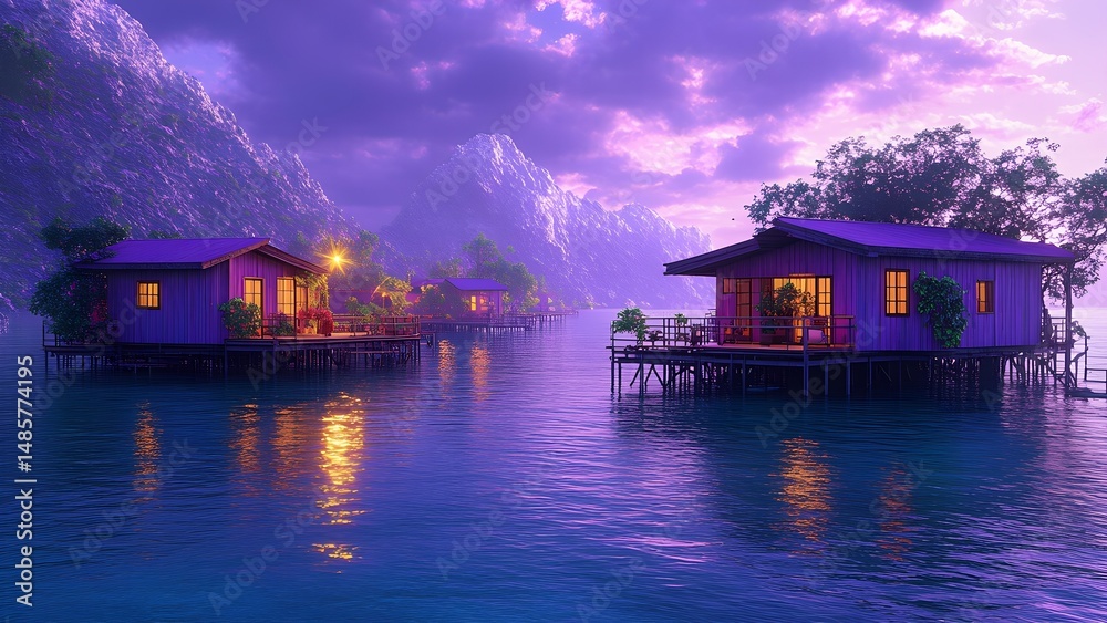 Fototapeta premium A peaceful scene of houses on stilts by a calm lake, bathed in the soft purple light of twilight with reflections on the water.