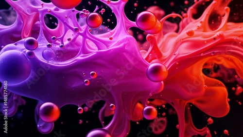 Abstract close-up of pink and purple fluid waves with bubbles, representing surreal digital art, color movement and futuristic design in motion graphics