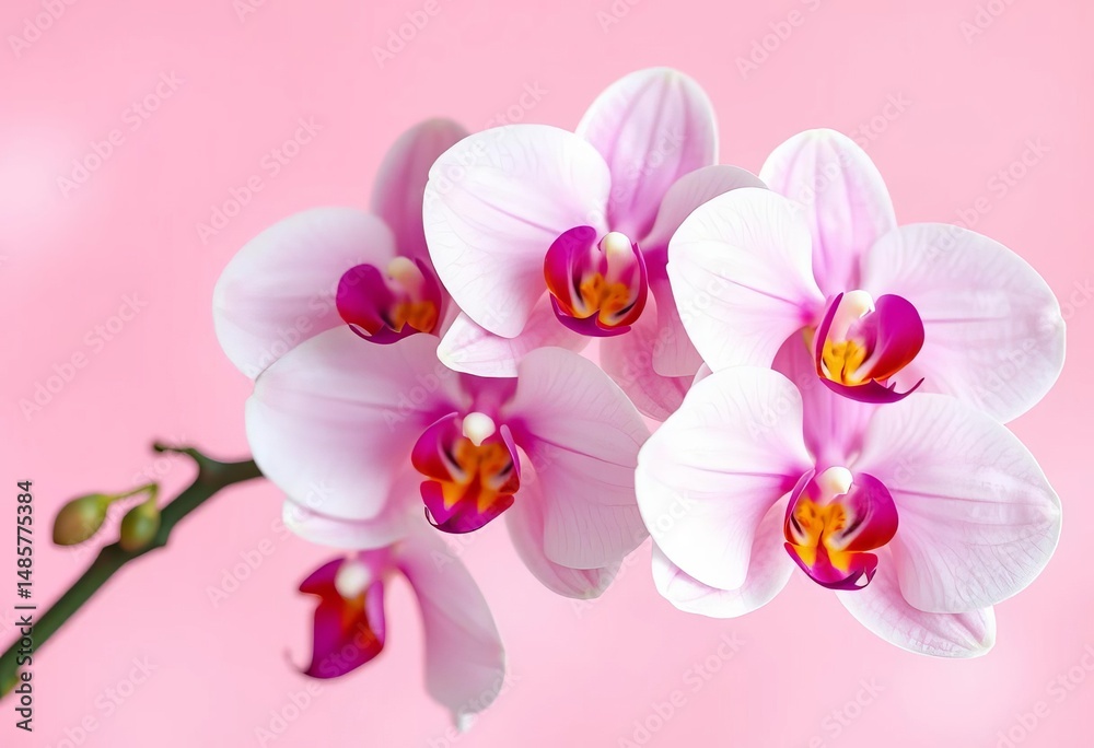 Obraz premium Delicate pink backdrop, soft focus orchid blossoms, ample copy space Spring floral greeting card design, image, nature
