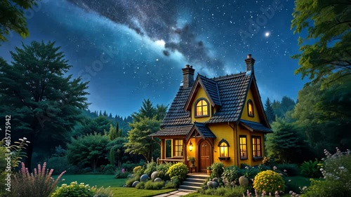 A cozy fairytale-style wooden house with lights on at night surrounded by pine trees and stars, representing magical home, comfort, and dreamlike visuals
