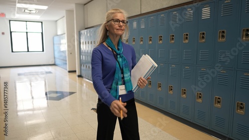 A middle-aged woman teacher strolls through a school corridor holding books and wearing a stylish scarf. Lockers line the wall creating an academic atmosphere during school hours.