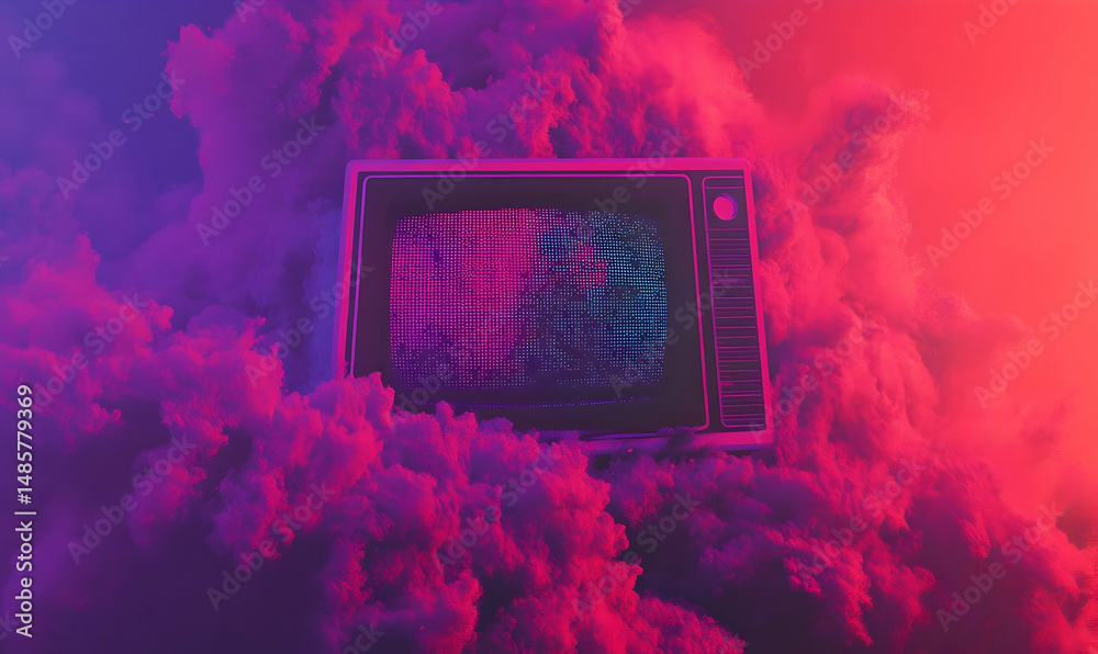 custom made wallpaper toronto digitalRetro TV floating in vibrant, fluffy clouds; pink and blue hues blend to create a surreal, dreamy atmosphere
