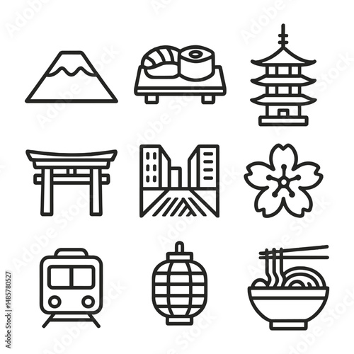 Tokyo icon set showing Mount Fuji, sushi, ramen, cherry blossom, and pagoda, designed in simple linear style on transparent background