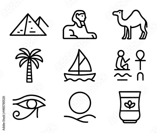 Cairo icon set with pyramids, sphinx, hieroglyphs, tea glass, camel, and Eye of Horus, in simple linear style on transparent background