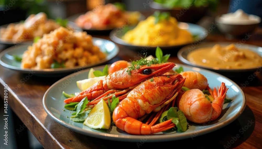A lavish seafood buffet spread with various dishes and shellfish , cuisine, oysters A lavish seafood buffet spread with various dishes and shellfish , cuisine, oysters