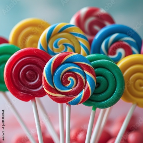 The image showcases vibrant, colorful lollipops in rich shades of red, blue, yellow, and green, with a blurred pastel background for contrast, showcasing sweets and desserts.