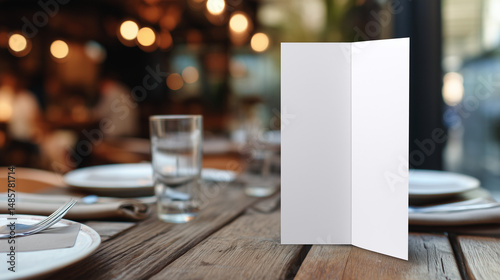 white folded menu mockup standing upright on wooden restaurant table