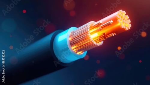 Close-up of an optical fiber cable, showcasing its intricate strands and reflective core , telecommunications, connectivity