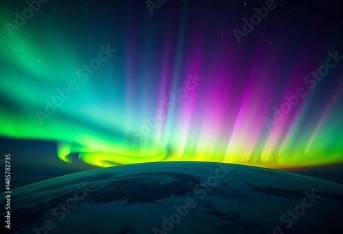 Cosmic aurora borealis spectacle over Earth's curve, vibrant green and purple hues against star-filled galaxy, perspective, phenomenon