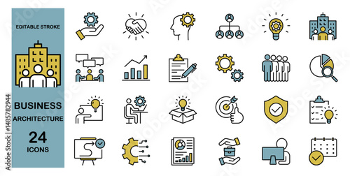 Colored business architecture line icon set. Business, company, management, strategy. Editable stroke. Vector illustration
