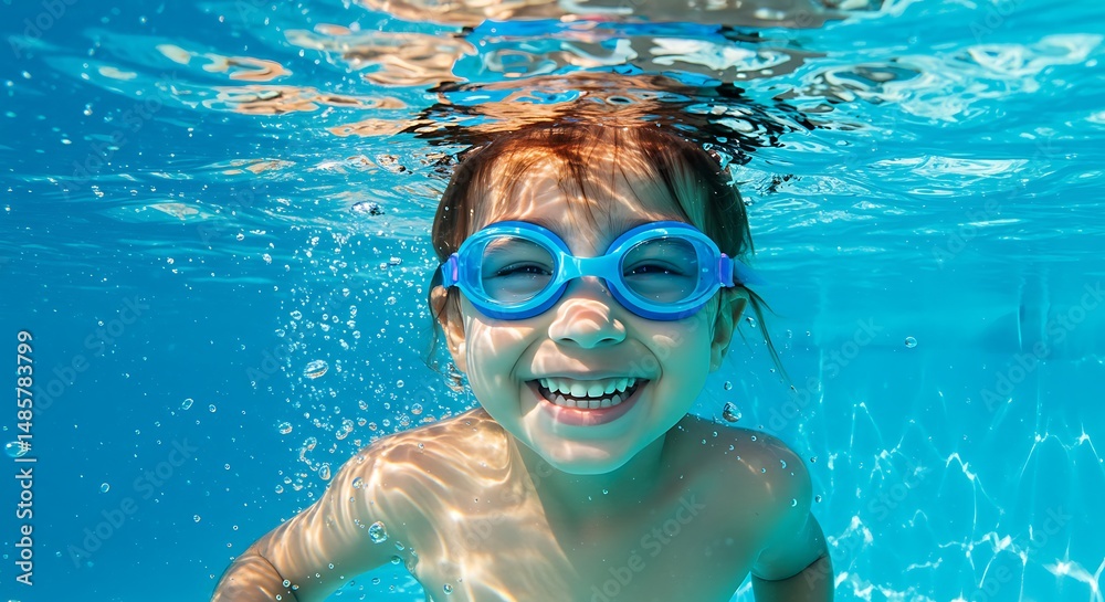 Naklejka premium Child Underwater in Blue Goggles Smiles
