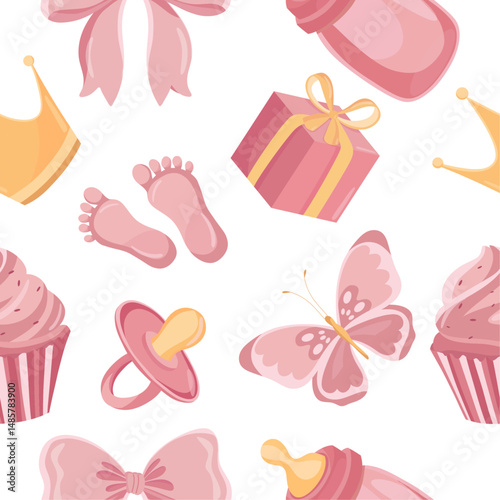 Pink new born girl pattern with baby elements Crown pacifier muffin steps bow present