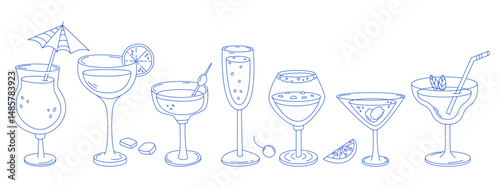 Hand drawn set of summer alcoholic cocktails, drinks in various glasses. Vector illustration in doodles style