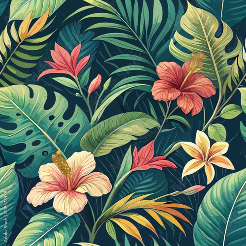 *Seamless tropical foliage background with lush green leaves and vivid exotic flowers, radiating vibrant summer energy*