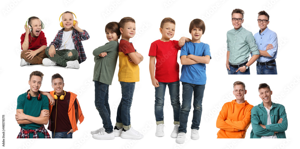 Obraz premium Collage with photos of brothers on white background