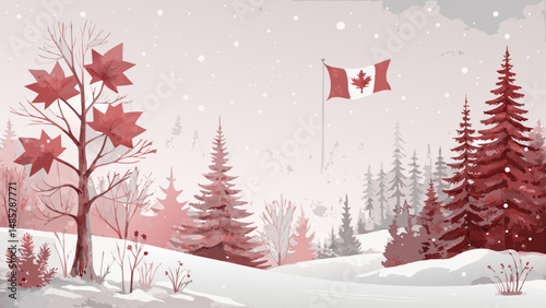 *Watercolor snowy Canadian forest landscape in soft reds and whites, evoking peaceful festive Canada Day spirit with copy space* 