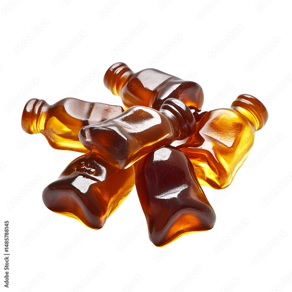 Pile of amber gummy bear bottles on a transparent background Sweet and chewy candy concept for childhood, treats, and confectionery Pile of amber gummy bear bottles on a transparent background Sweet and chewy candy concept for childhood, treats, and confectionery