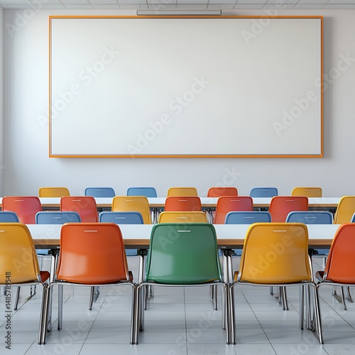 Vibrant classroom chairs beneath a pristine whiteboard convey learning environment